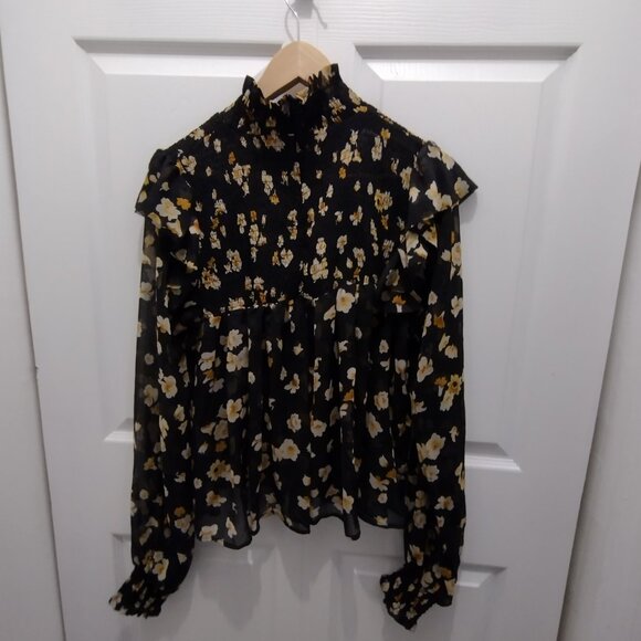 O.P.T. Floral Ruffle Neck Blouse Large Black Sheer Long Sleeve Romantic Top - Picture 9 of 15
